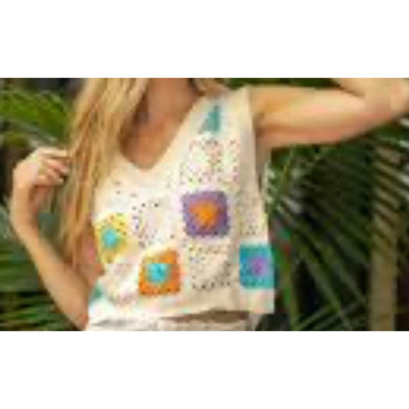 Rebellion Sweaters - Women's Rebellion Cream Multicolor Grannycore Crochet V-Neck Sweater L